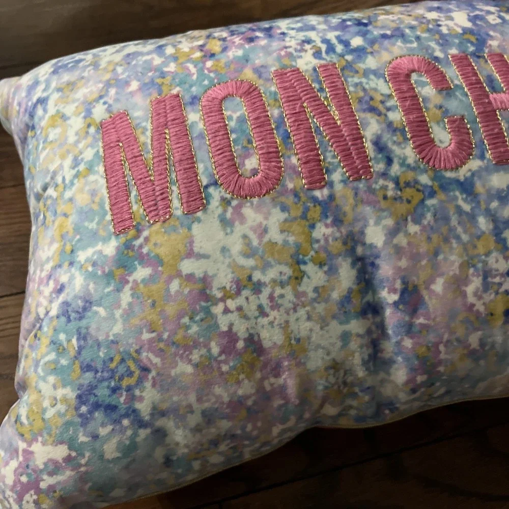 ISAAC MIZRAHI Pink MON CHERI Pillow Embroidered Watercolor Vibe
